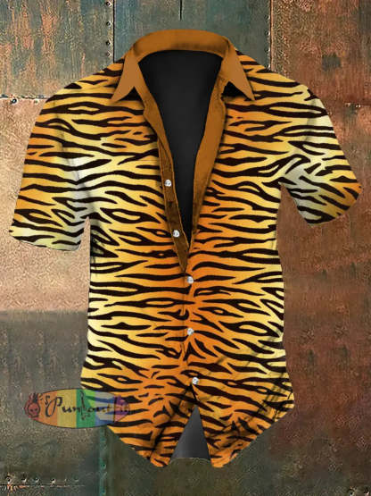 Men’s Vintage Gradient Tiger Music Festival Abstract Print Casual Cotton Short Sleeve Shirt Yellow / S