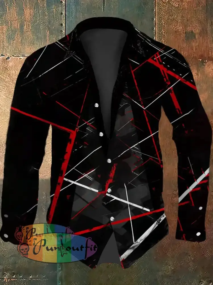 Men’s Vintage Guitar Ripple Lines Festival Abstract Print Casual Long Sleeve Shirt Black / S