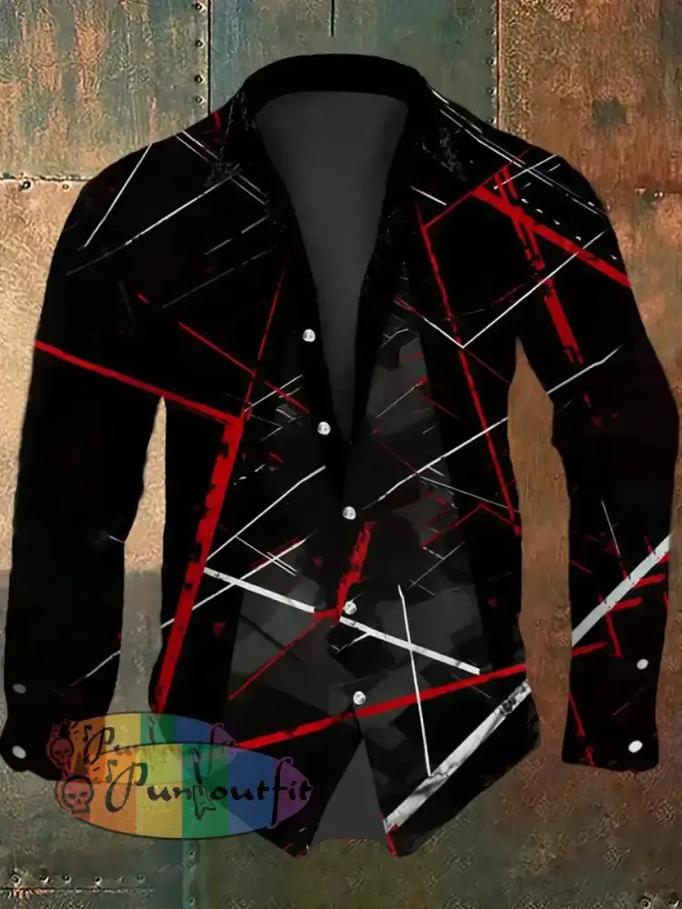 Men’s Vintage Guitar Ripple Lines Festival Abstract Print Casual Long Sleeve Shirt Black / S