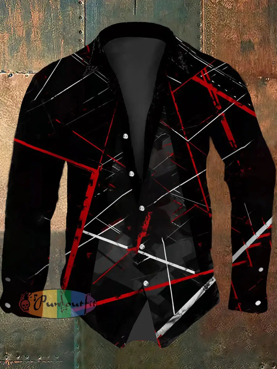 Men’s Vintage Guitar Ripple Lines Festival Abstract Print Casual Long Sleeve Shirt Black / S