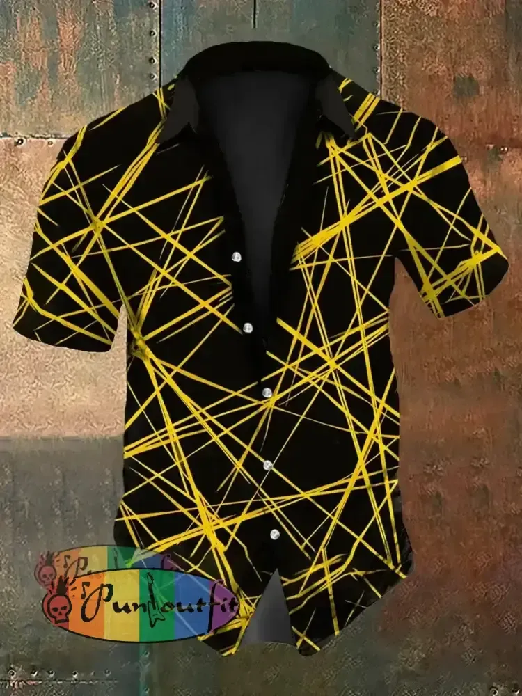 Men’s Vintage Guitar Ripple Lines Music Festival Abstract Print Casual Cotton Short Sleeve Shirt Yellow / S