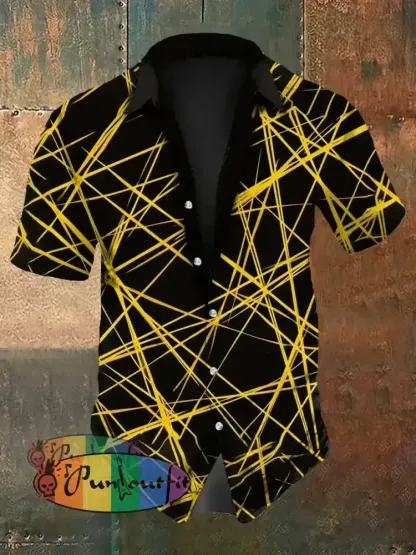 Men’s Vintage Guitar Ripple Lines Music Festival Abstract Print Casual Cotton Short Sleeve Shirt Yellow / S