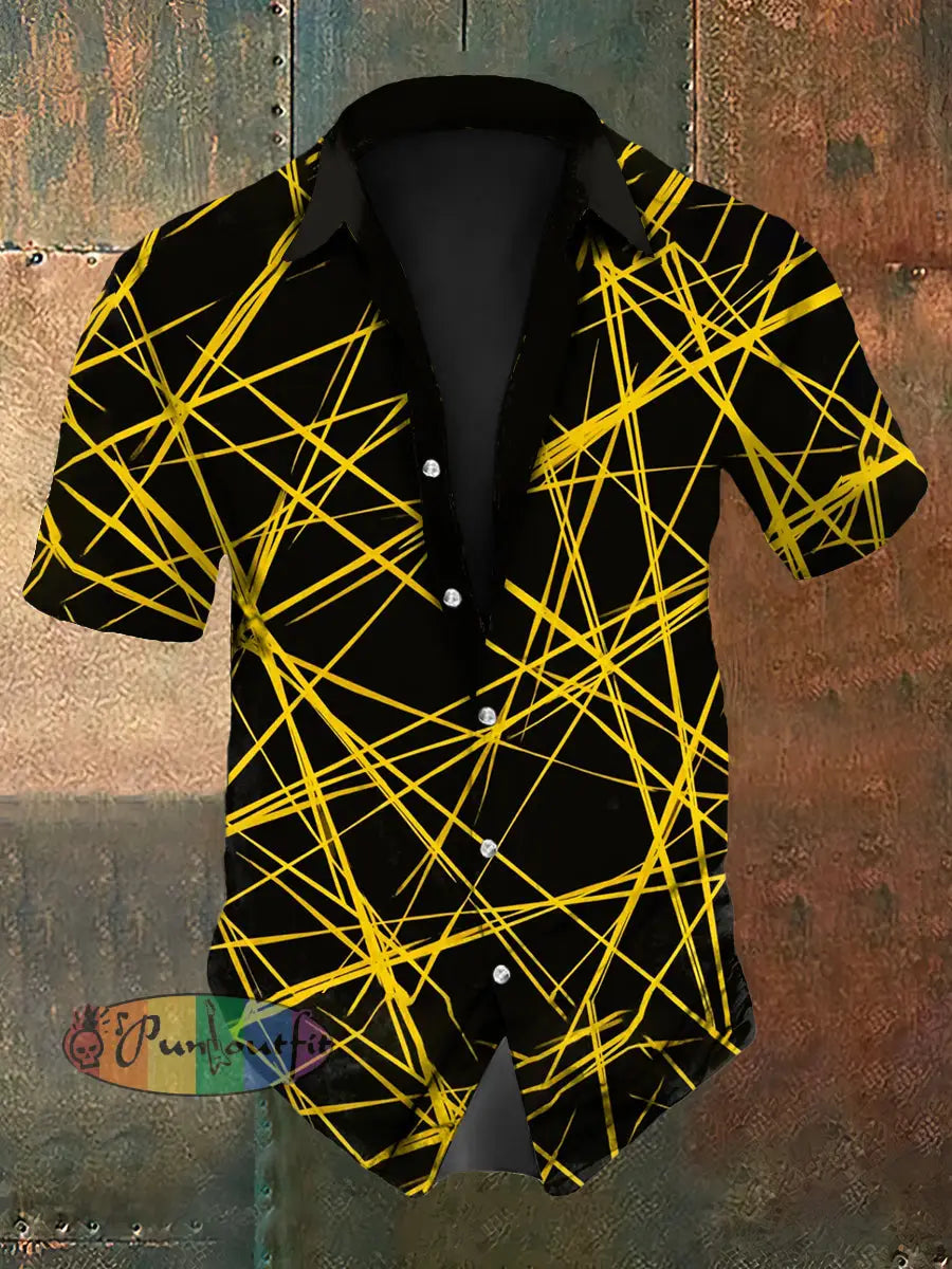 Men’s Vintage Guitar Ripple Lines Music Festival Abstract Print Casual Cotton Short Sleeve Shirt Yellow / S