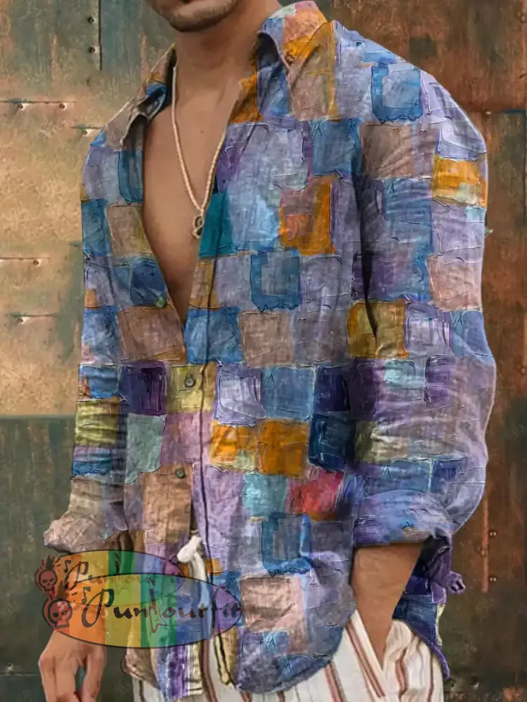 Men’s Vintage Hippie Colorful Geometric Art Print Long Sleeve Shirt Purple / S