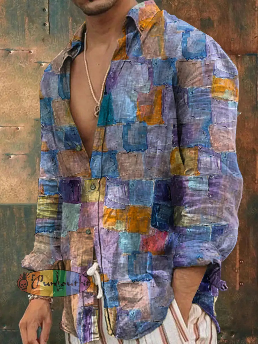 Men’s Vintage Hippie Colorful Geometric Art Print Long Sleeve Shirt Purple / S