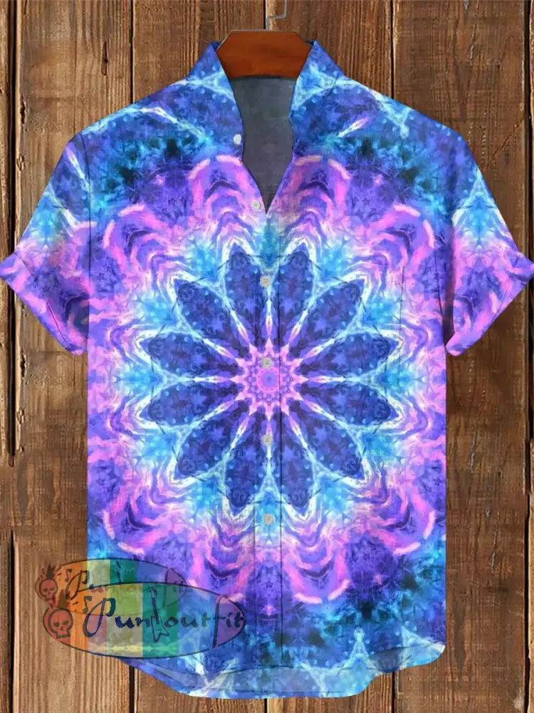 Men’s Vintage Hippie Colorful Gradient Mandala Art Printed Casual Cotton Short Sleeve Shirt