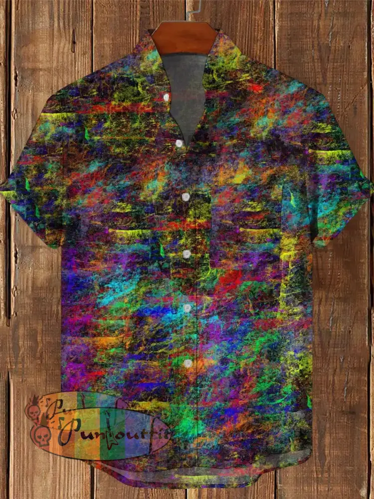 Men’s Vintage Hippie Colorful Graffiti Abstract Print Casual Cotton Short Sleeve Shirt As Picture
