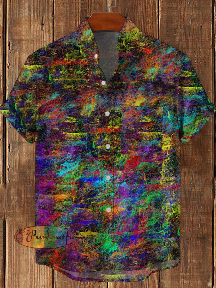 Men’s Vintage Hippie Colorful Graffiti Abstract Print Casual Cotton Short Sleeve Shirt As Picture