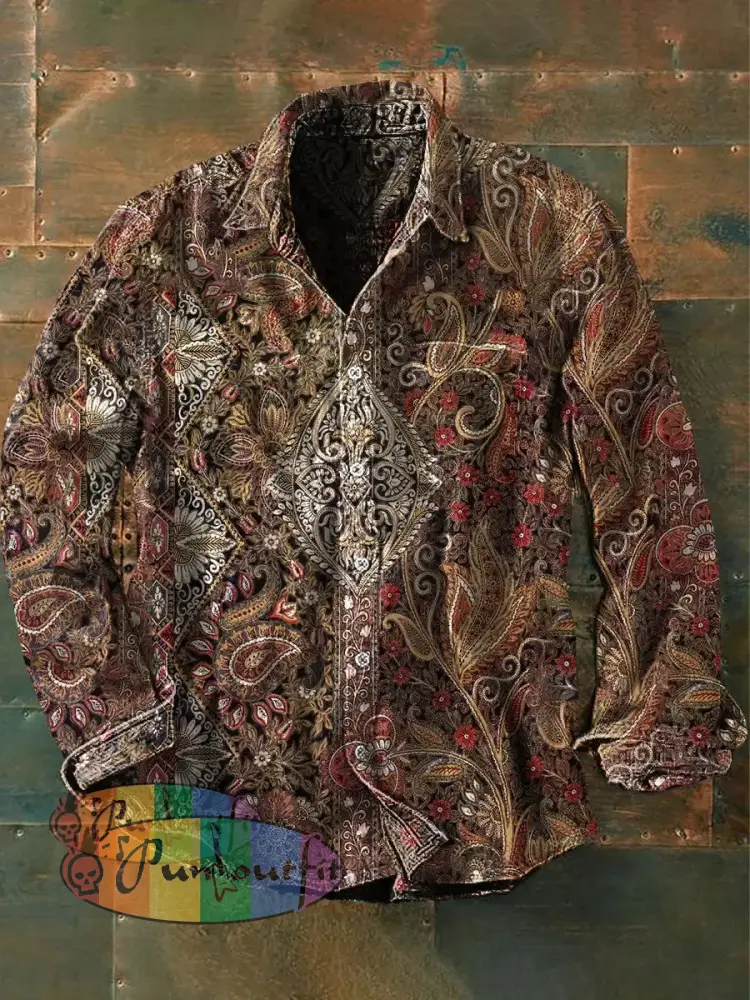 Men’s Vintage Hippie Ethnic Floral Art Print Casual Long Sleeve Shirt Brown / S