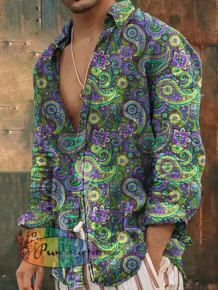 Men’s Vintage Hippie Ethnic Floral Print Casual Long Sleeve Shirt Green / S
