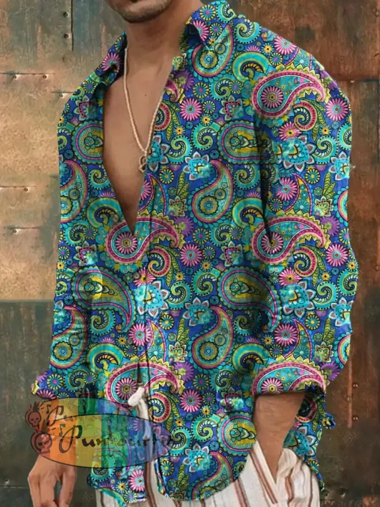 Men’s Vintage Hippie Floral Pattern Art Print Casual Long Sleeve Shirt