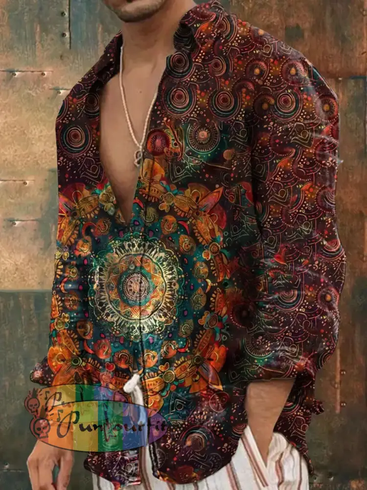 Men’s Vintage Hippie Flower Mandala Pattern Art Print Casual Long Sleeve Shirt