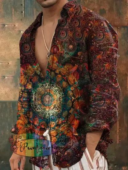 Men’s Vintage Hippie Flower Mandala Pattern Art Print Casual Long Sleeve Shirt
