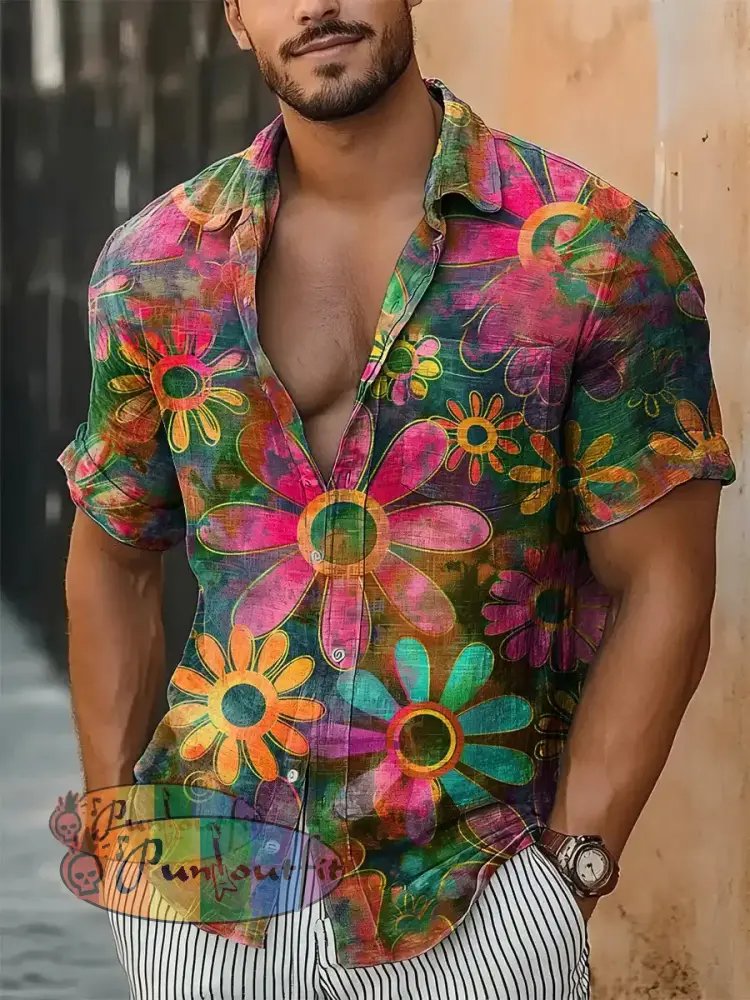 Men’s Vintage Hippie Gradient Colourful Floral Abstract Print Casual Cotton Short Sleeve Shirt As picture / S