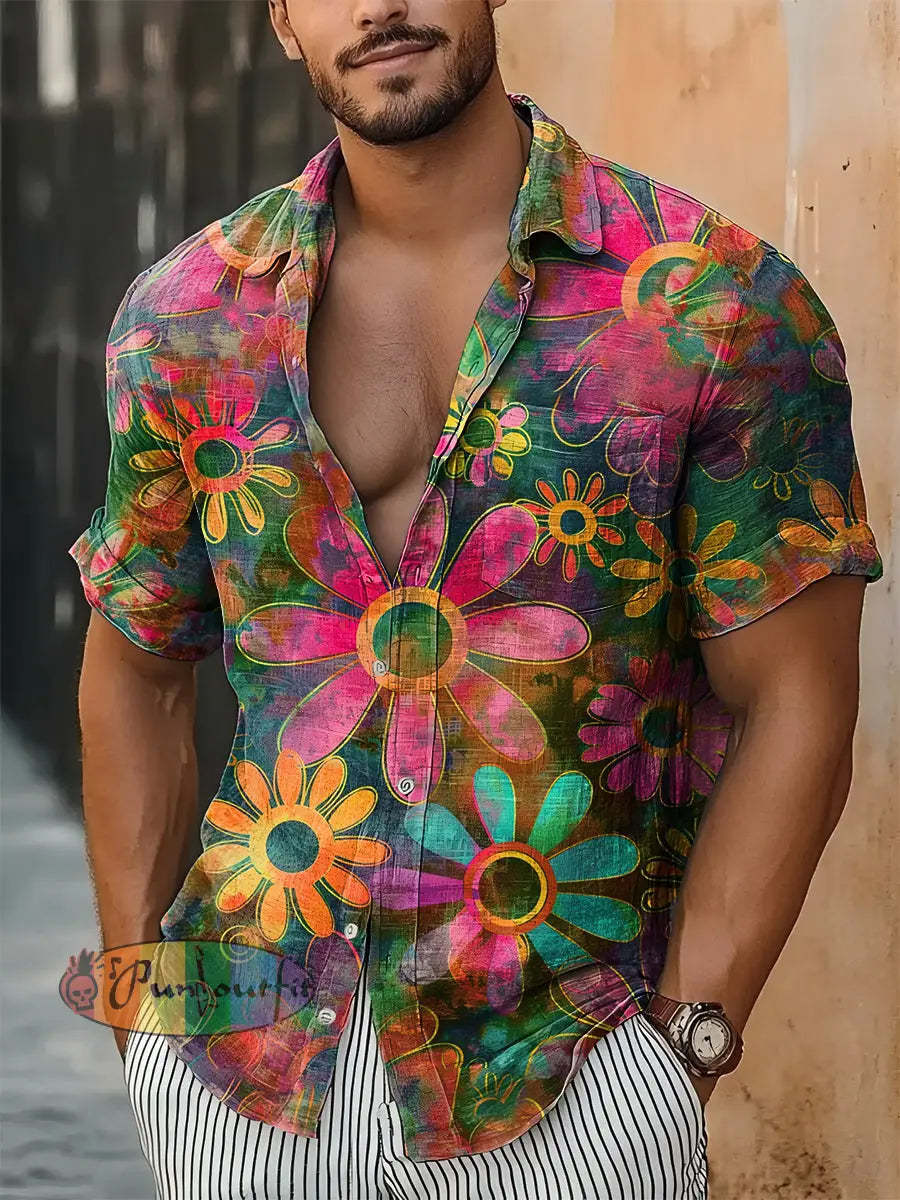Men’s Vintage Hippie Gradient Colourful Floral Abstract Print Casual Cotton Short Sleeve Shirt As picture / S