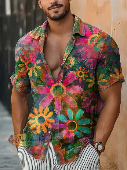 Men’s Vintage Hippie Gradient Colourful Floral Abstract Print Casual Cotton Short Sleeve Shirt As picture / S