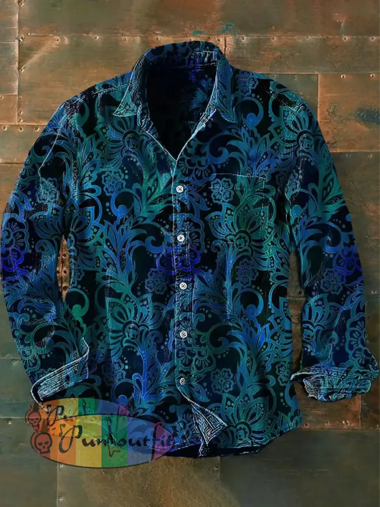 Men’s Vintage Hippie Perris Flower Abstract Print Casual Long Sleeve Shirt Blue / S