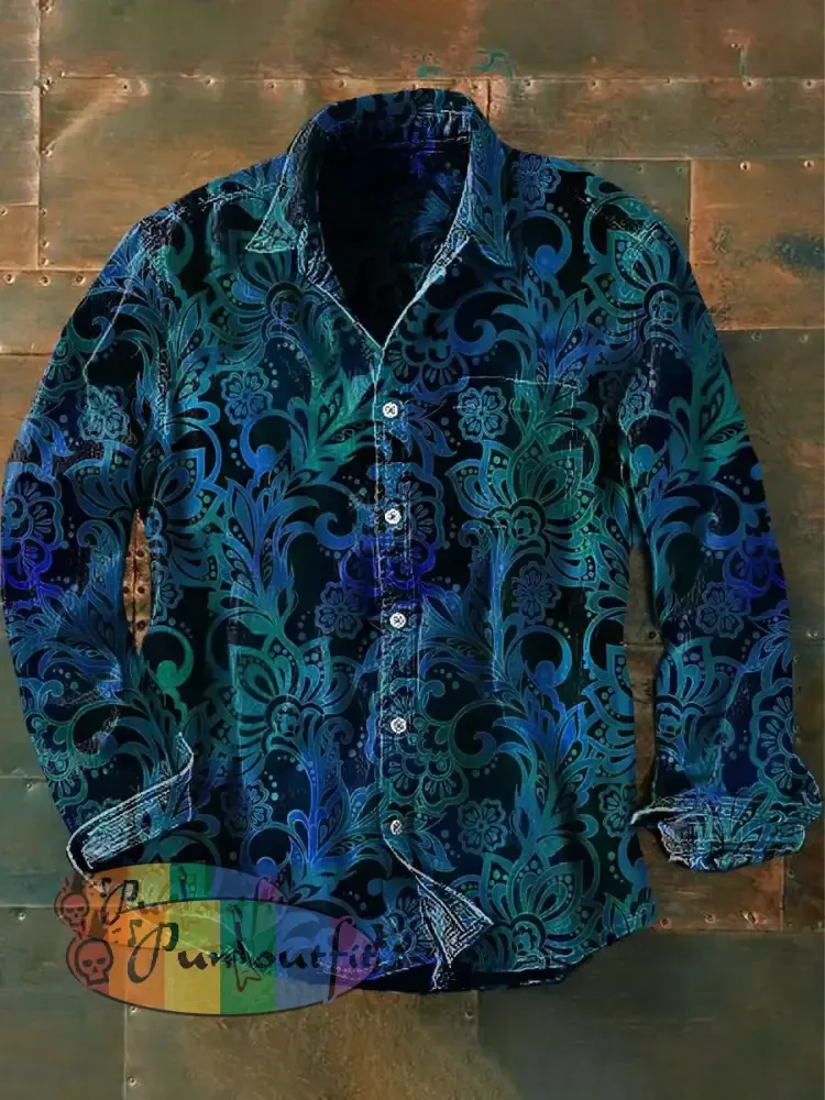Men’s Vintage Hippie Perris Flower Abstract Print Casual Long Sleeve Shirt Blue / S