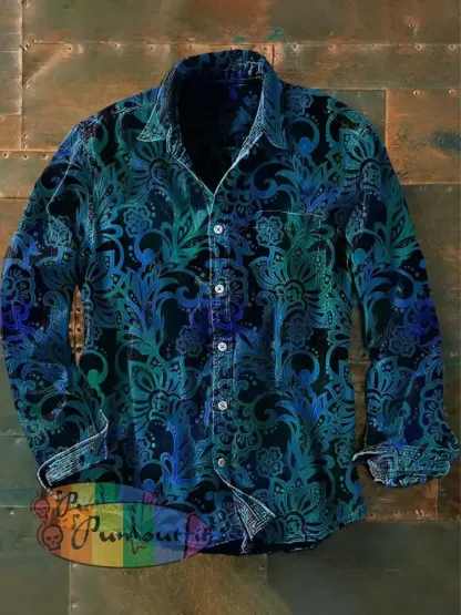 Men’s Vintage Hippie Perris Flower Abstract Print Casual Long Sleeve Shirt Blue / S