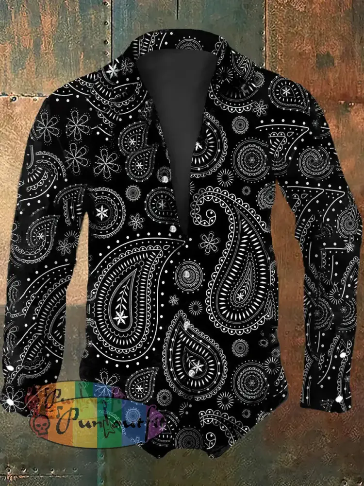 Men’s Vintage Hippie Perris Flower Print Long Sleeve Shirt Black / S