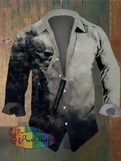 Men’s Vintage Japanese Skull Samurai Print Long Sleeve Shirt Multicolor / S