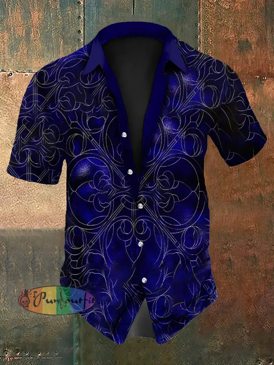 Men’s Vintage Music Festival Gothic Gradient Patterns Abstract Print Casual Cotton Short Sleeve Shirt Purple / S