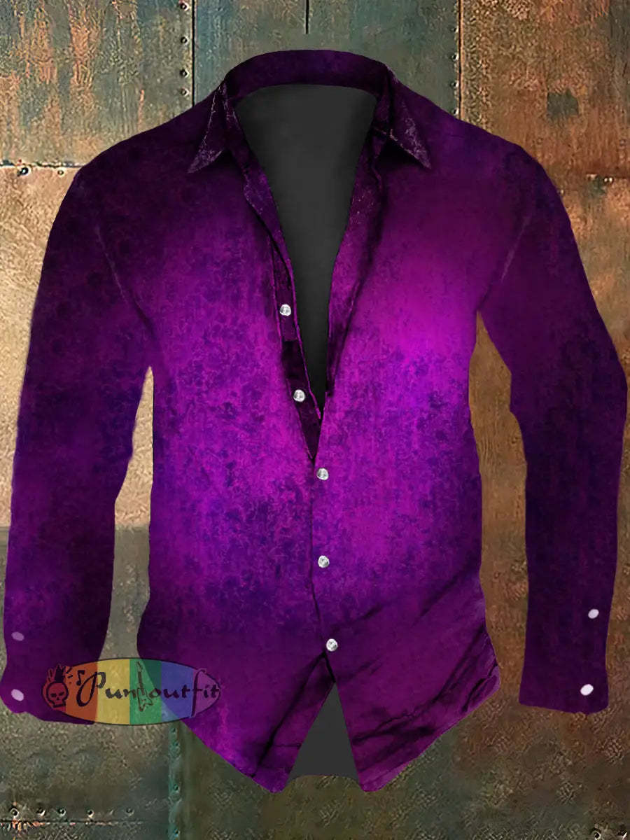 Men’s Vintage Music Festival Gothic Gradient Purple Abstract Print Casual Cotton Short Sleeve Shirt Long Sleeve Shirt