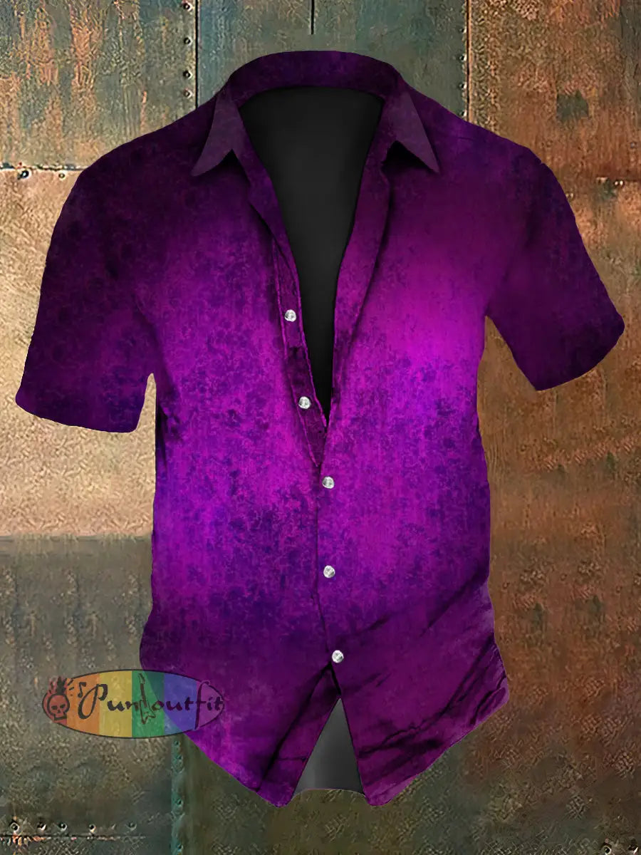 Men’s Vintage Music Festival Gothic Gradient Purple Abstract Print Casual Cotton Short Sleeve Shirt Purple / S
