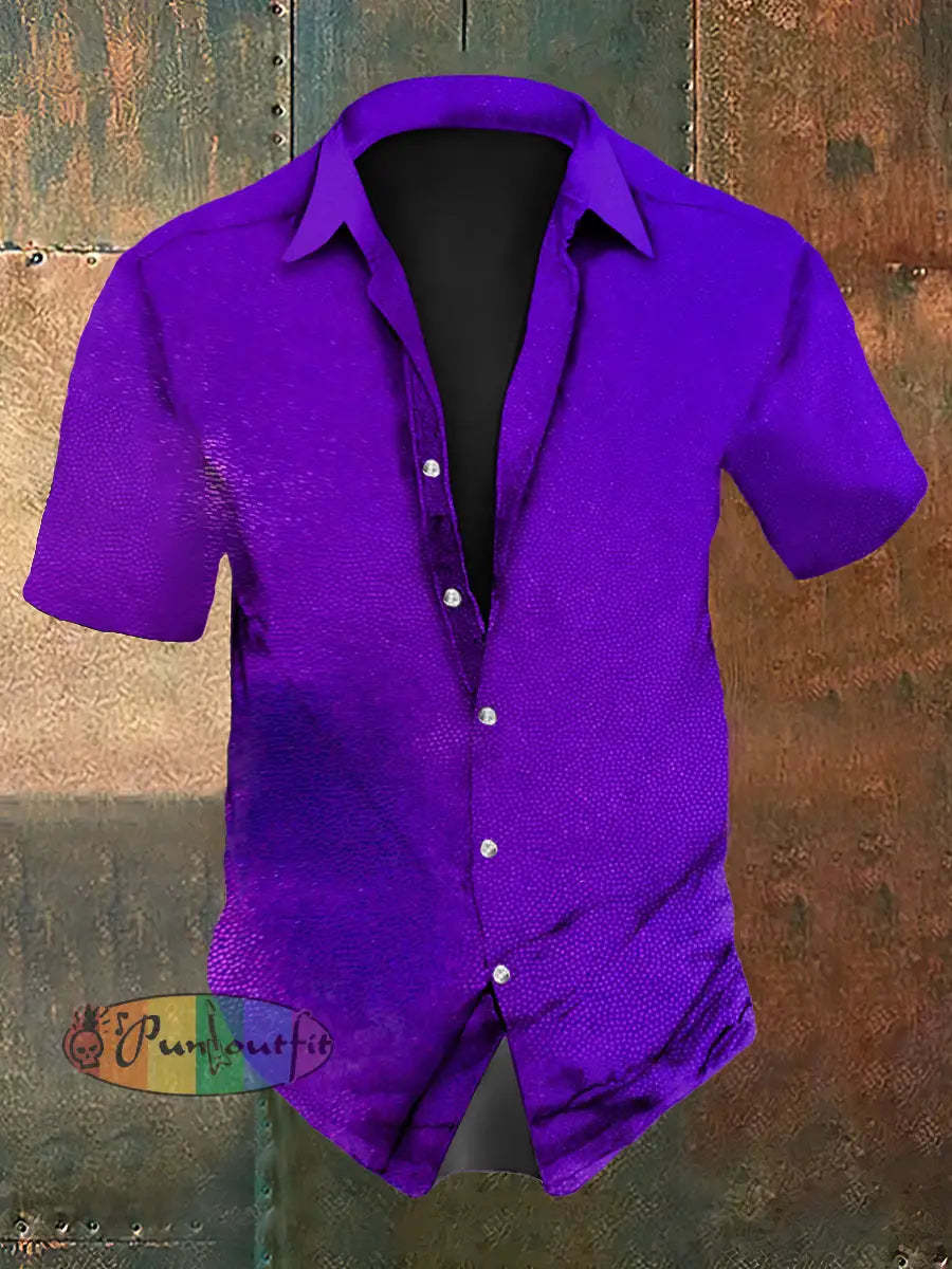 Men’s Vintage Music Festival Gothic Grain Gradient Purple Abstract Print Casual Cotton Short Sleeve Shirt Purple / S