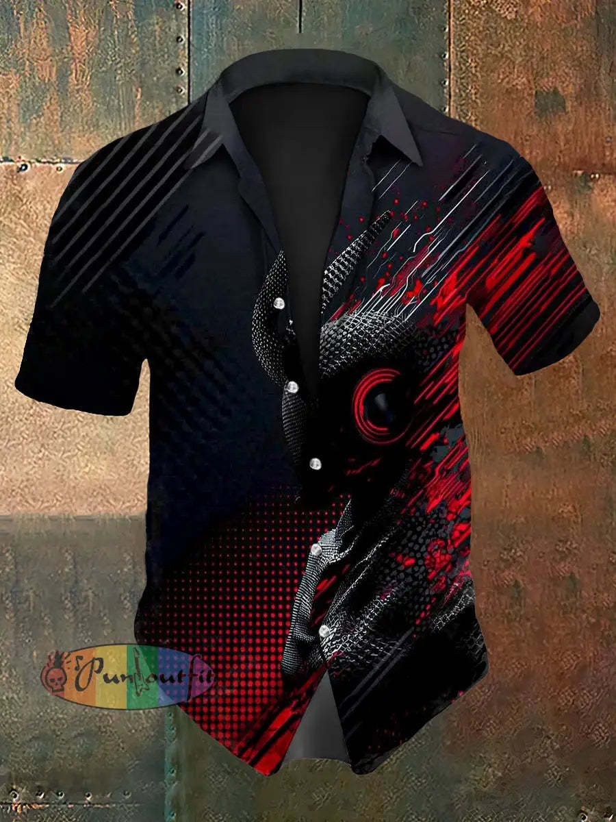 Men’s Vintage Music Festival Gothic Lines Colourful Abstract Print Casual Cotton Short Sleeve Shirt As picture / S