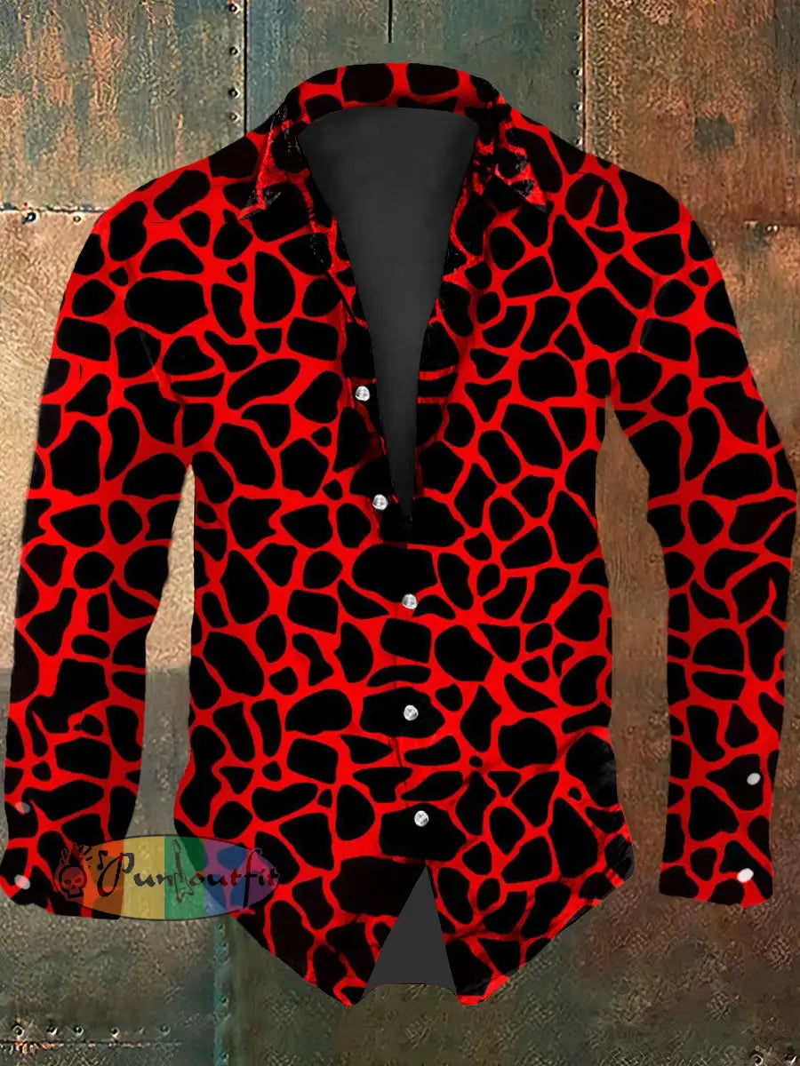Men’s Vintage Music Festival Red Leopard Abstract Print Casual Long Sleeve Shirt Red / S