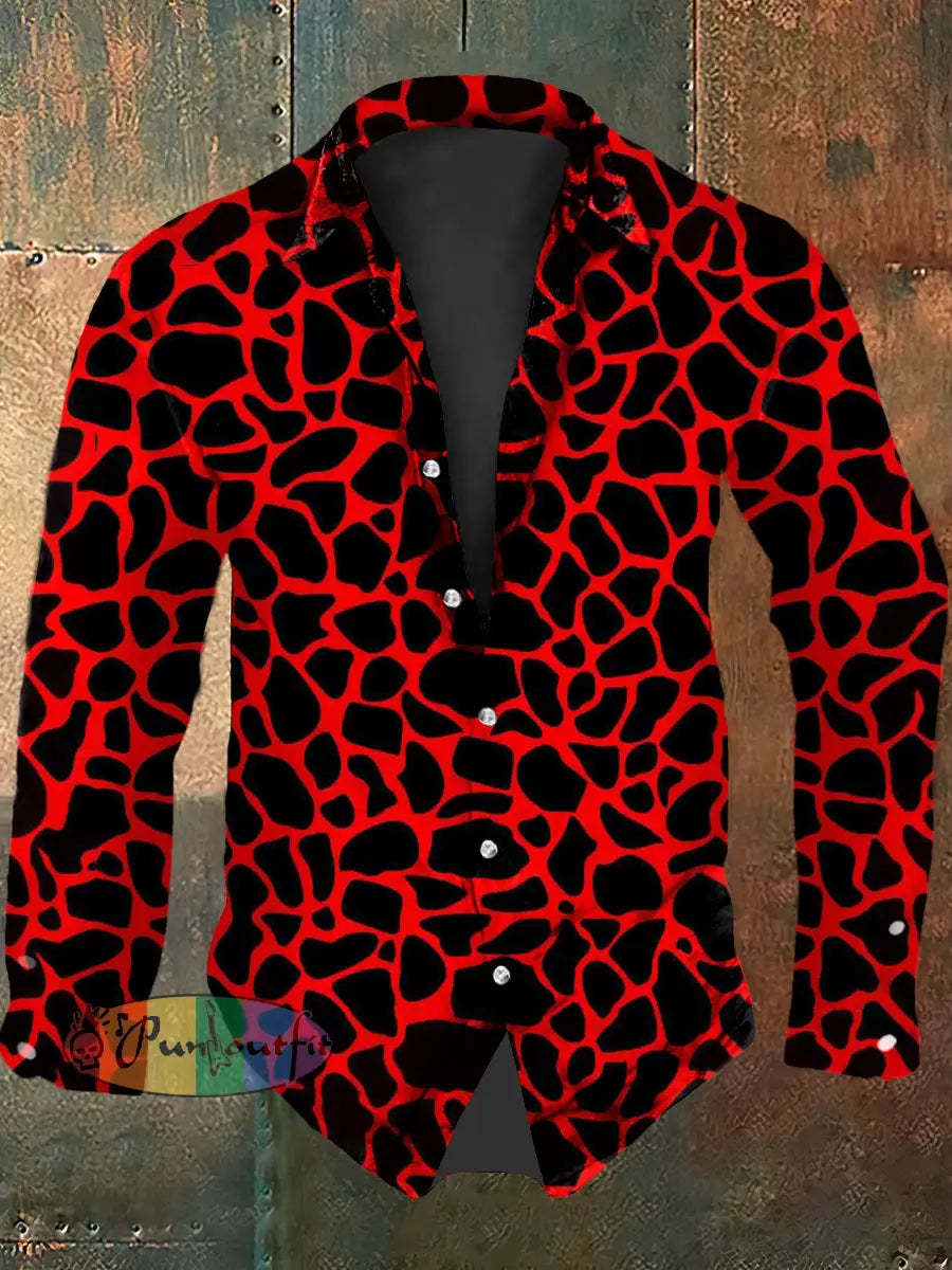 Men’s Vintage Music Festival Red Leopard Abstract Print Casual Long Sleeve Shirt Red / S