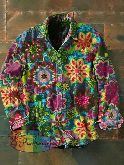 Men’s Vintage Psychedelic Hippie Art Print Casual Long Sleeve Shirt Green / S