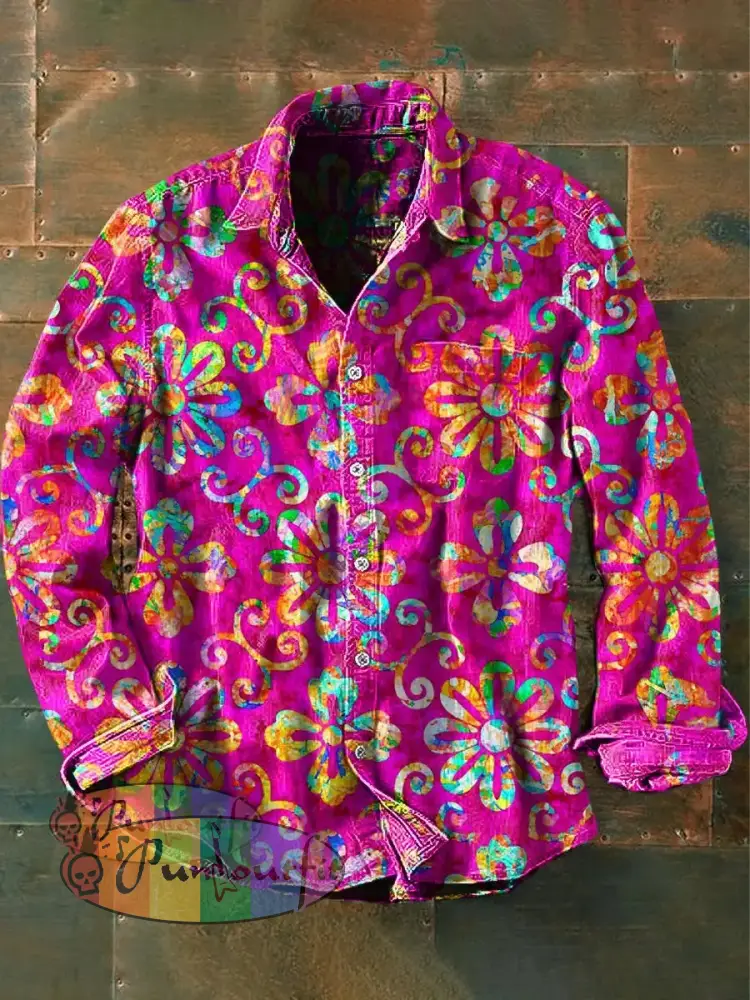Men’s Vintage Psychedelic Hippie Art Print Casual Long Sleeve Shirt Pink / S