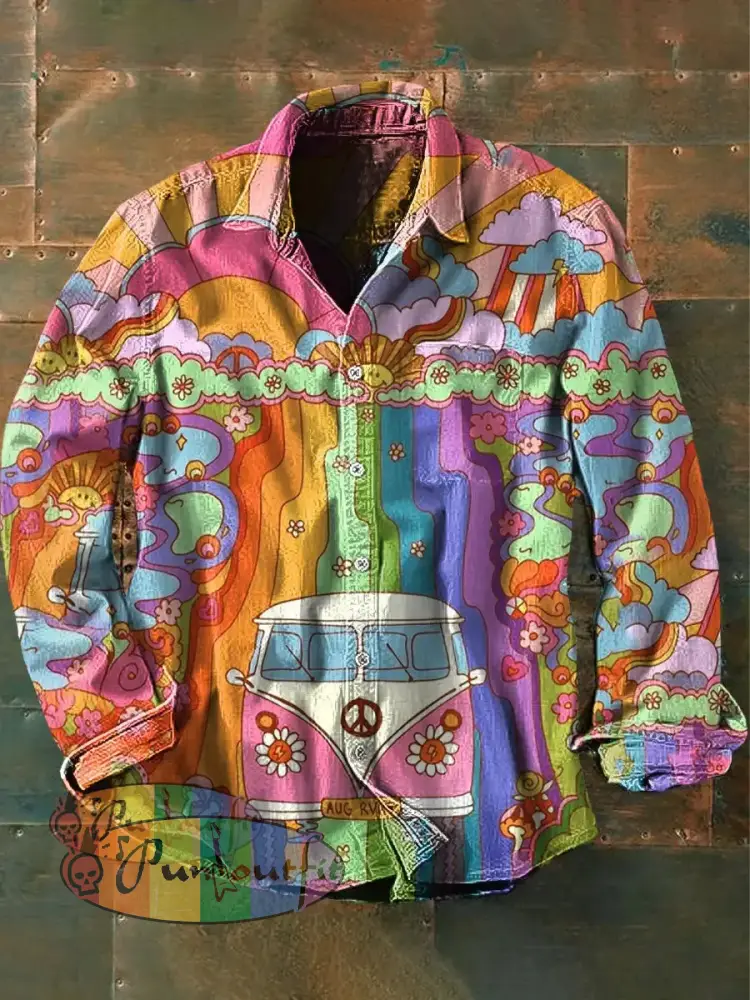 Men’s Vintage Psychedelic Hippie Colorful Car Print Casual Long Sleeve Shirt As Picture / S