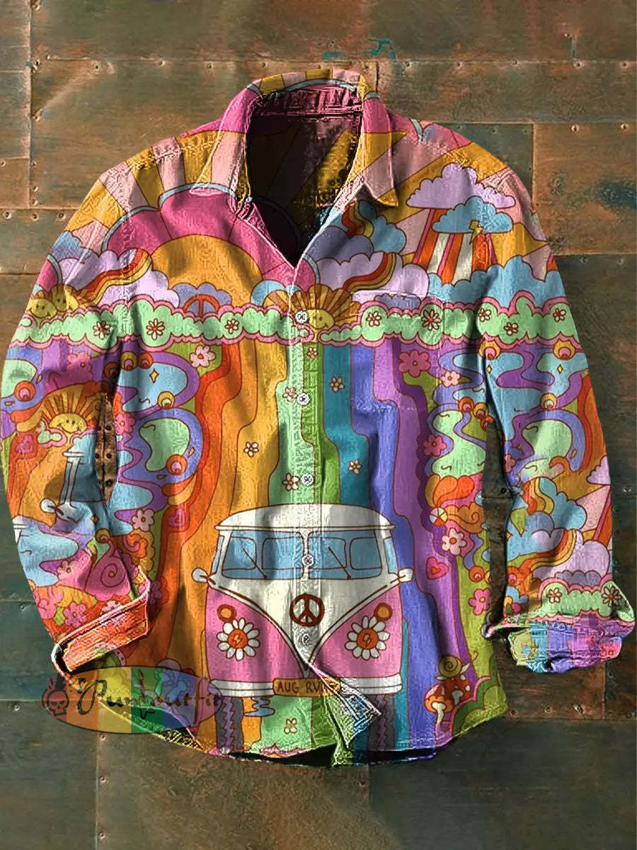 Men’s Vintage Psychedelic Hippie Colorful Car Print Casual Long Sleeve Shirt As Picture / S