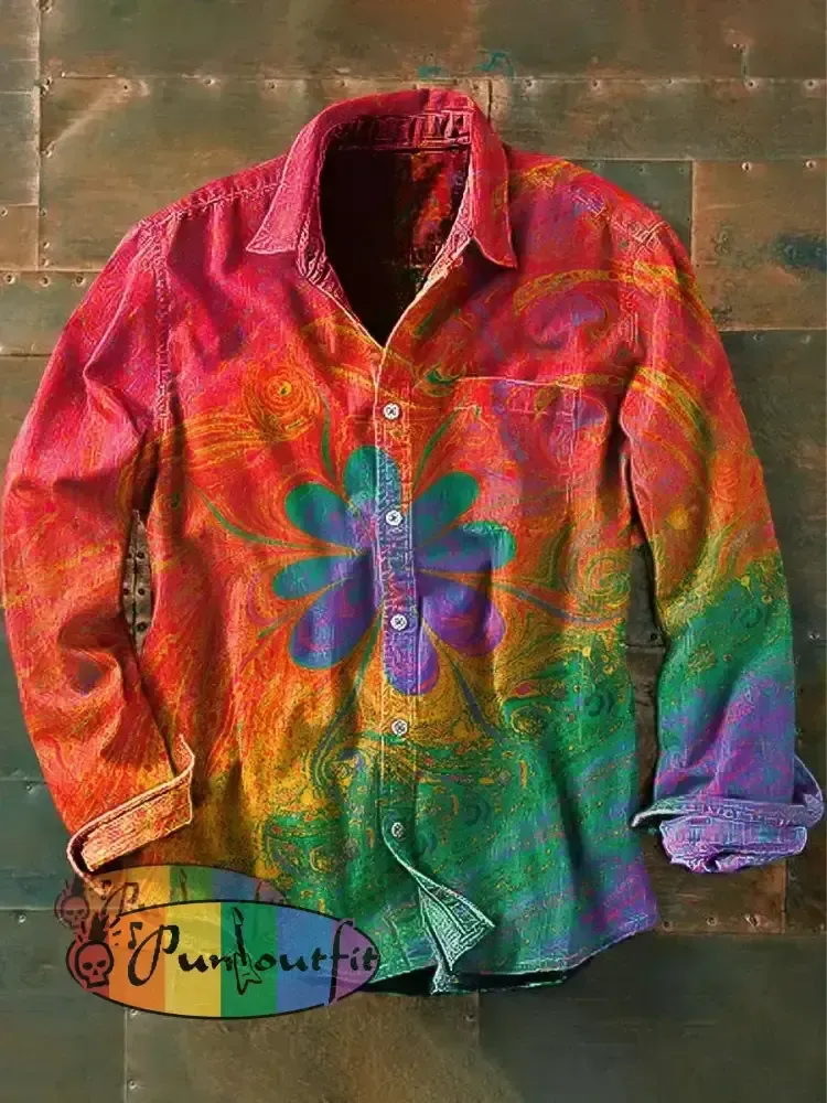 Men’s Vintage Psychedelic Hippie Colorful Flower Print Casual Long Sleeve Shirt As Picture / S
