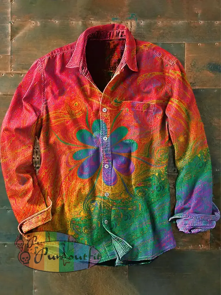 Men’s Vintage Psychedelic Hippie Colorful Flower Print Casual Long Sleeve Shirt As Picture / S