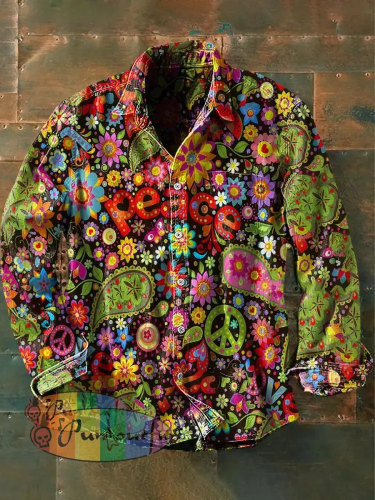 Men’s Vintage Psychedelic Hippie Colorful Peace Print Casual Long Sleeve Shirt As Picture / S
