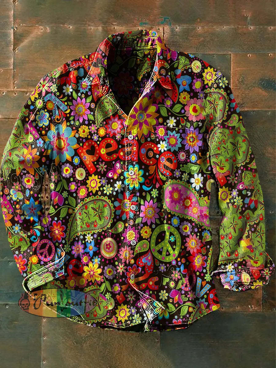 Men’s Vintage Psychedelic Hippie Colorful Peace Print Casual Long Sleeve Shirt As Picture / S