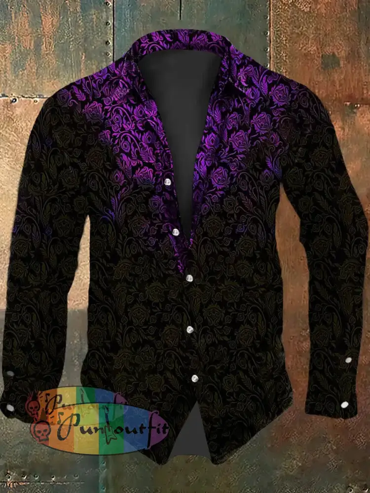Men’s Vintage Punk Damask Gothic Gradient Abstract Print Casual Long Sleeve Shirt As picture / S
