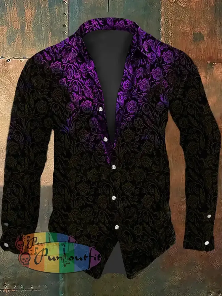 Men’s Vintage Punk Damask Gothic Gradient Abstract Print Casual Long Sleeve Shirt As picture / S