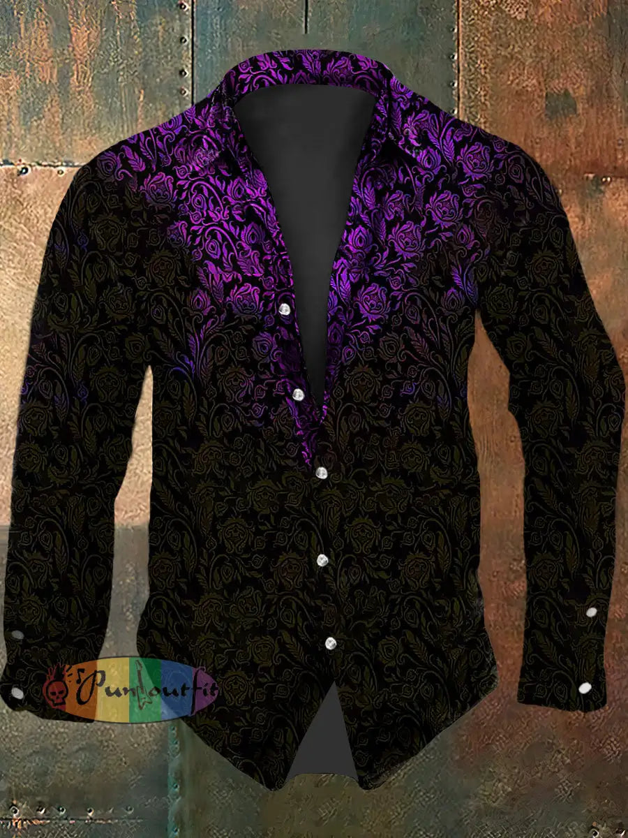 Men’s Vintage Punk Damask Gothic Gradient Abstract Print Casual Long Sleeve Shirt As picture / S