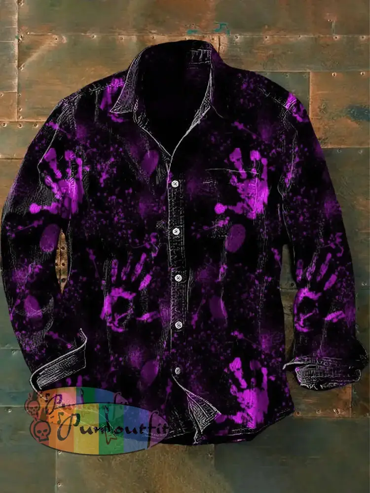 Men’s Vintage Punk Dark Handprints Art Print Casual Long Sleeve Shirt Black / S