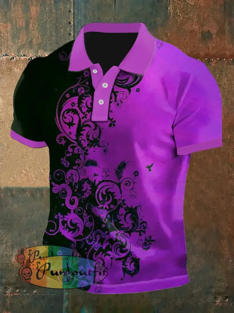 Men’s Vintage Punk Gothic Floral Colour Block Aged Abstract Printed Casual Cotton Short Sleeve Polo Shirt Purple / S