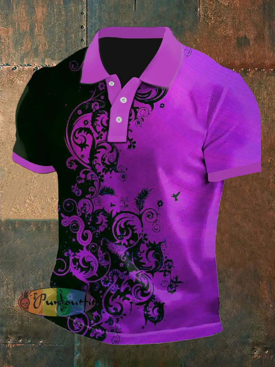 Men’s Vintage Punk Gothic Floral Colour Block Aged Abstract Printed Casual Cotton Short Sleeve Polo Shirt Purple / S