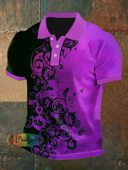 Men’s Vintage Punk Gothic Floral Colour Block Aged Abstract Printed Casual Cotton Short Sleeve Polo Shirt Purple / S