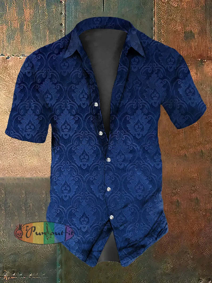 Men’s Vintage Punk Gothic Pattern Gradient Abstract Print Casual Cotton Short Sleeve Shirt Blue / S