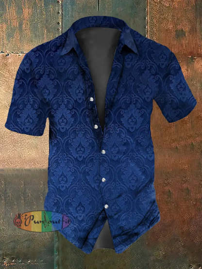 Men’s Vintage Punk Gothic Pattern Gradient Abstract Print Casual Cotton Short Sleeve Shirt Blue / S
