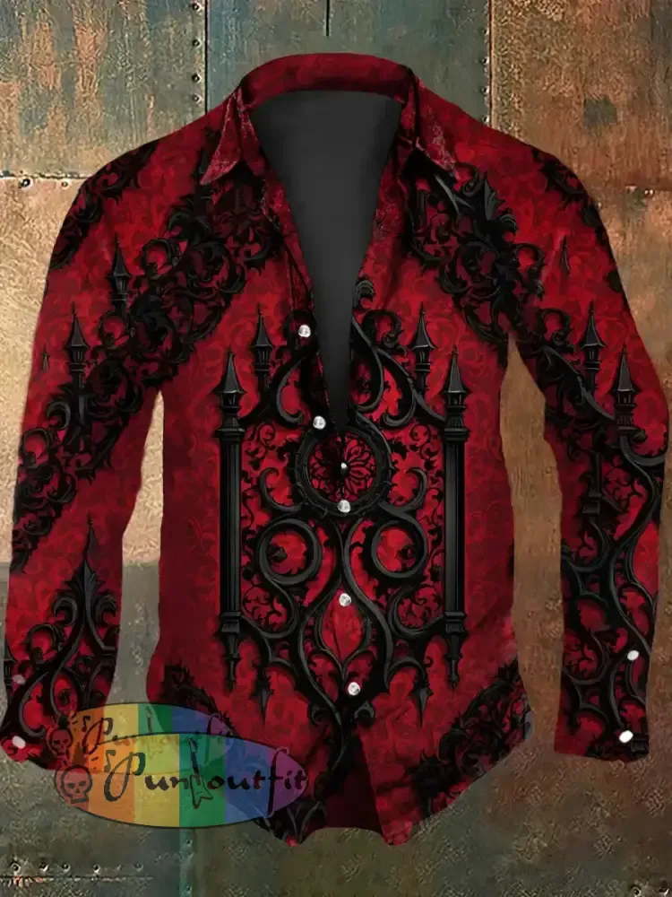 Men’s Vintage Punk Gothic Patterns Abstract Print Casual Long Sleeve Shirt Red / S